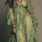 Botanical Print V-neck Long-sleeved Fitted Waist Casual Maxi Dress