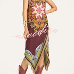 Bohemian Style Floral Print Tassel Trim Irregular Hem Slit Scarf Midi Dress