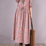 Vintage Floral Printed Ramie Cotton Loose Midi Dress
