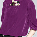 Elegant Blackish Green Stand Collar Floral Silk Velour Top Short Sleeve