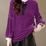 Women Green Ruffled Patchwork Velour Shirt Top Spring
