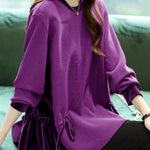 Loose Green O-Neck Patchwork Drawstring Sweatshirts Top Long Sleeve