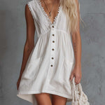 Elegant Vintage Western Lace V-neck Front-button White Cotton Mini Dress