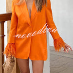 Chic Day Button Up Feather Trim Long Sleeve Pocketed Lapel Blazer