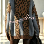 Retro-chic Knit Leopard Print Patchwork High Neck Long Sleeve Loose Sweater