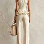 Elegant high-neck top with 3D floral hem and trousers set