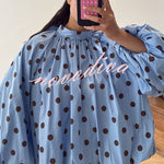Issie Polka Dot Print Turtleneck Knotted Balloon Sleeve Back Slit Loose Blouse