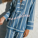 Althea Striped Print Lace-up Neck Long Sleeve Top and Elastic Waist Pocket Lantern Pants Set