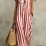Fashionable Striped Print V-neck Ruffled Sleeveless Pockets Casual Midi Dress
