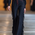 Retro Red Topstitched Navy Denim Long Sleeve Flared Tassel Jumpsuit