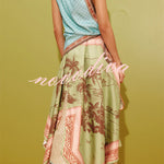 Alberta Satin Unique Color-blocked Print Tie Detail Layered Scarf Midi Dress