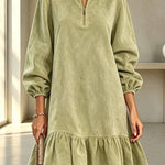 Suede Zipper Neck Long Balloon Sleeve Ruffle Hem Mini Dress