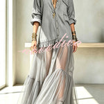 Retro-style Faux Denim Long Sleeve Pocket Tulle Hem Shirt Maxi Dress