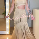 Refresh Style Knit Hollow Out One Shoulder Cutout Waist Tassel Hem Maxi Dress