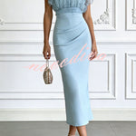 Sheer High-Neck Ruffle Sleeve Back Tie-up Top and Slip Ruched Midi Dress Two Pieces Set