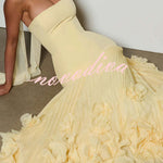 Serafina Strapless Back Lace-up Handcrafted Floral Appliqués Pleated Hem Gown Maxi Dress