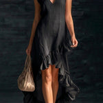 Linen Blend V-neck Sleeveless Ruffled Hem Casual Maxi Dress