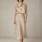 Sabine | Teal Satin Draped Halter-Neck Midi Dress