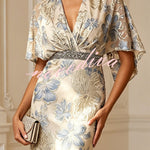 Ellie Floral Textured Diamond-embellished Belt Half Sleeve Mermaid Gown Maxi Dress
