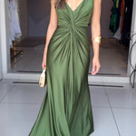 Glow Together Satin Knot Design Shoulder Strap Sleeveless Drape Slit Maxi Dress