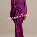 Tina Satin Plunge V-neck Gold Trim Detail Long Batwing Sleeve Maxi Dress