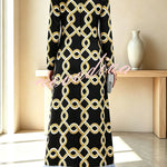 Cecilia Satin Colorful Baroque Style Printed Long Sleeve Feather Trim Maxi Dress