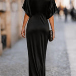 Solid Color Round Neck Short-sleeved Elegant Draped Maxi Dress