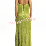 Party Queen Layered Tassel Design Off Shoulder Back Tie-up Maxi Dress