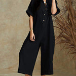 Short Sleeve V Neck Jumpsuit Button Down Turndown Collar Wide Leg Jumpsuit