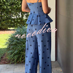Jolene linen blend Polka Dot Print Flare Hem Slip Top and Pocket Wide Leg Pants Set