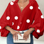 Stylish Polka Dot Print Collared Puff Sleeve Loose Shirt