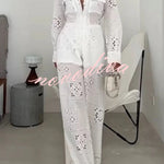 Vivi Embroidered Lace Cutout Long Sleeve Pocket Elastic Waist Loose Shirt Jumpsuit