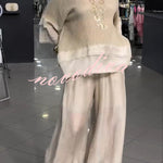 Lucy Knit Cutout Layered Design Half Sleeve Top and Satin Elastic Waist Pocketed Lantern Pants Set