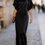 Solid Color Round Neck Short-sleeved Elegant Draped Maxi Dress