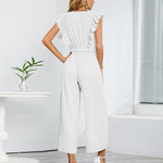 Zeagoo Women's Casual Loose Jumpsuit V Neck Sleeveless Solid Ruffle Pleated Wide-leg Long Playsuit with Belt