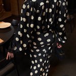 Chrissa Satin Polka Dot Print Lace Trim Tie-up Neck Balloon Sleeve Loose Blouse
