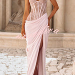 Bonita Floral Lace Contrast Structural Detail Asymmetrical Pleats Halter Slit Maxi Dress