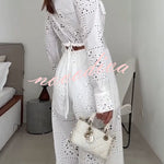 Vivi Embroidered Lace Cutout Long Sleeve Pocket Elastic Waist Loose Shirt Jumpsuit