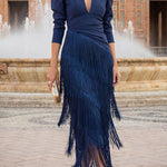 Elegant Night V-Neck Long Sleeve Layered Tassel Hem Maxi Dress