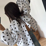 Issie Polka Dot Print Turtleneck Knotted Balloon Sleeve Back Slit Loose Blouse