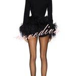 Party Time Feather Trim Design Deep Lapel V-Neck Long Sleeve Stretch Romper