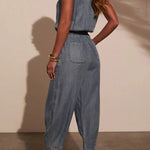 Stylish Collared Sleeveless Elastic Waist Tie Casual Pocket Denim Jumpsuit