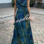 Ione Chiffon Ombr¨¦ Print Cowl Neck Top and High Rise Maxi Skirt Set with Scarf