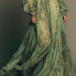 Botanical Print V-neck Long-sleeved Fitted Waist Casual Maxi Dress
