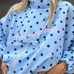 Kadence Polka Dot Zipper Lapel High Neck Drawstring Hem Sporty Jacket