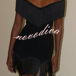 Solid Color V-neck Off-shoulder Slim-fit Tassel Mini Dress