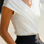 Solid Color Crossover V-neck Short-sleeved Slim-fit Casual Top