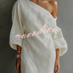 Linen Blend Loose-fitting One-shoulder Lantern Sleeve Casual Pocket Maxi Dress