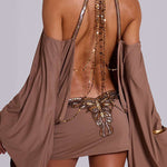 Alula Chain Sequin Embroidered Butterfly Kimono Slit Sleeve Backless Mini Dress