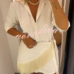 Sorena Linen Blend Button Up Long Sleeve Midi Blouse and Tassel Trim Warp Cover-up Mini Dress Set